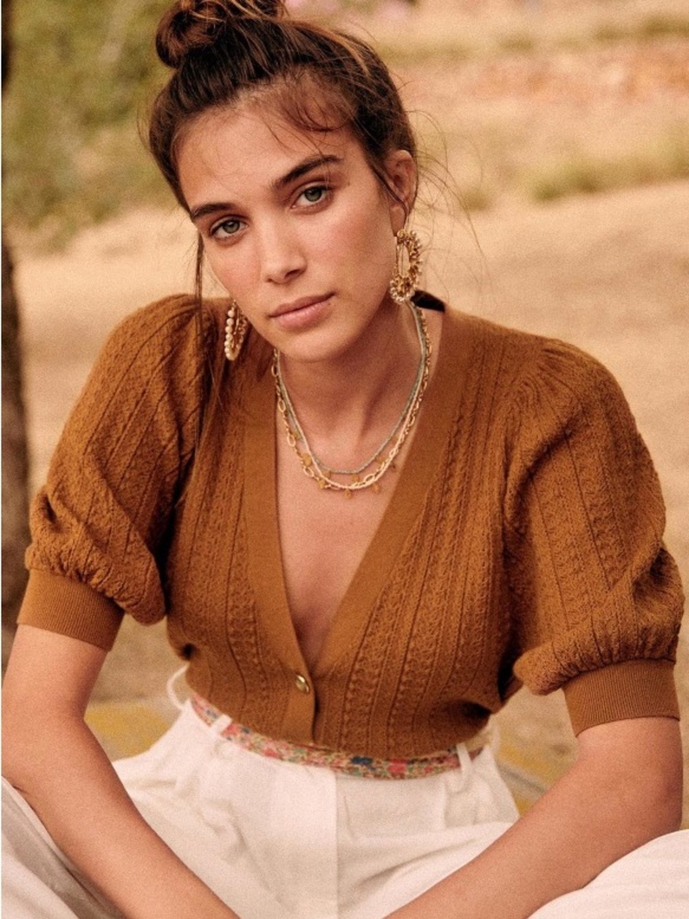 Sezane Lola Puff-Sleeve Cable Knit Cardigan in cafe brown size Medium